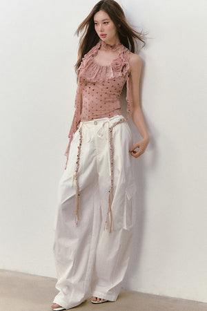 Wide-Leg Beaded Work Pants
