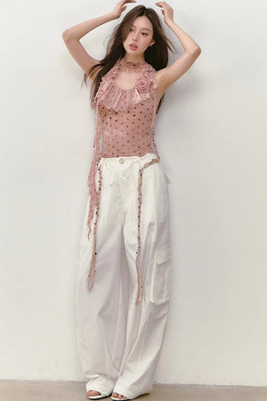 Wide-Leg Beaded Work Pants