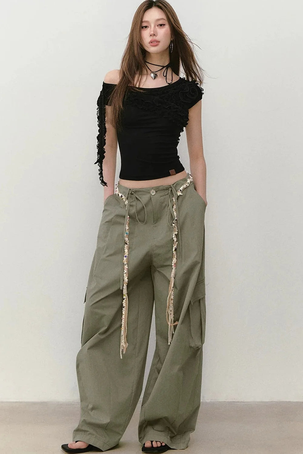 Wide-Leg Beaded Work Pants