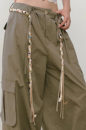 Wide-Leg Beaded Work Pants
