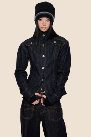 Wide-Shoulder Denim Jacket Set-Up