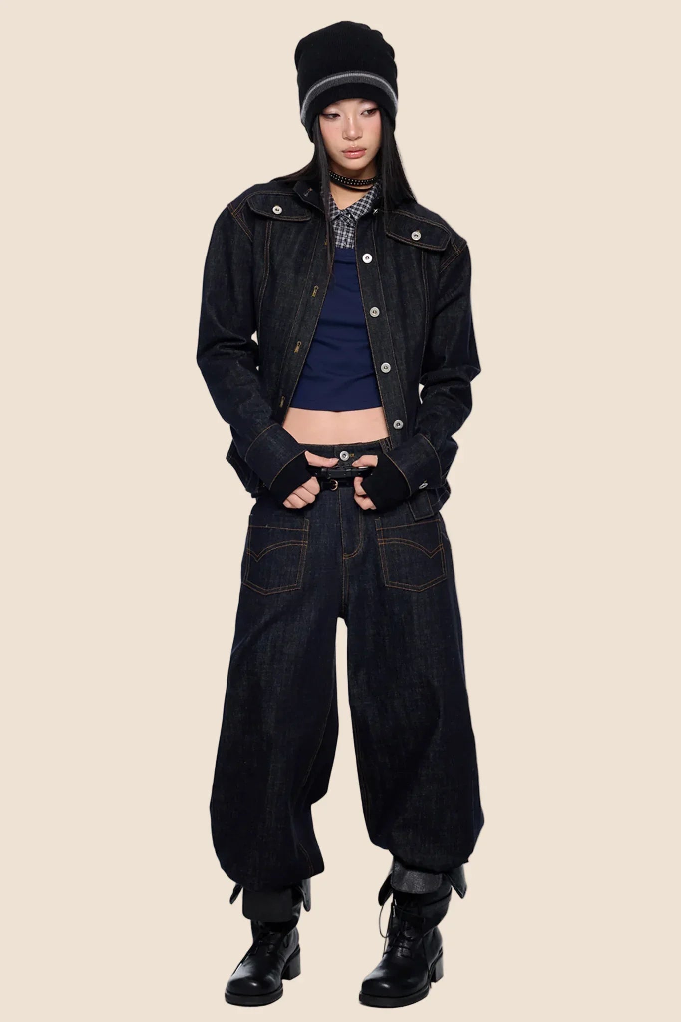 Wide-Shoulder Denim Jacket Set-Up