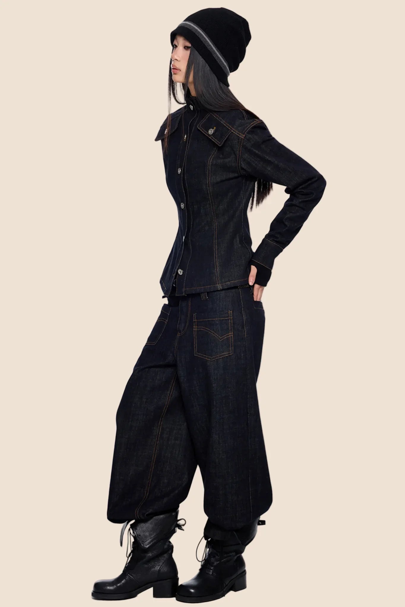 Wide-Shoulder Denim Jacket Set-Up