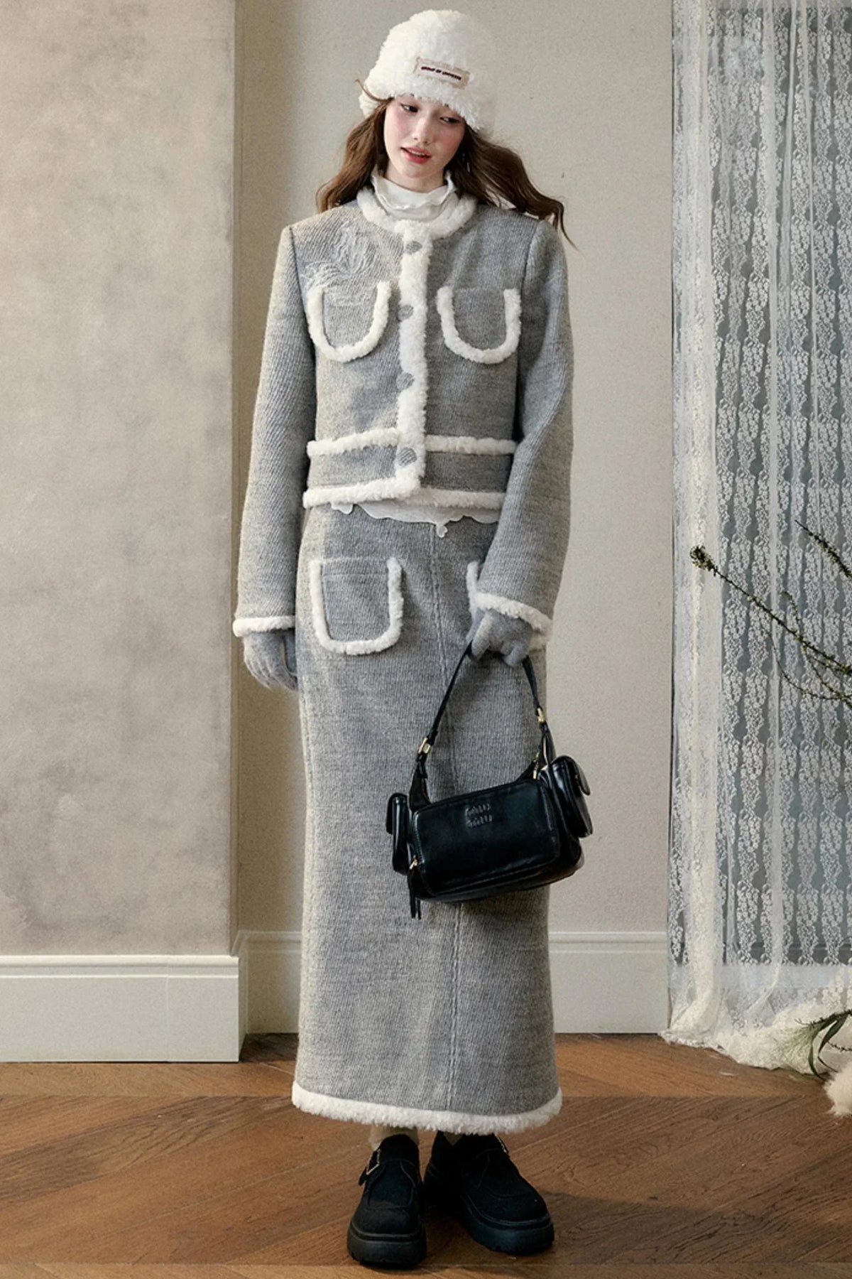 Winter Gate Wool Tweed Long Skirt Set-Up