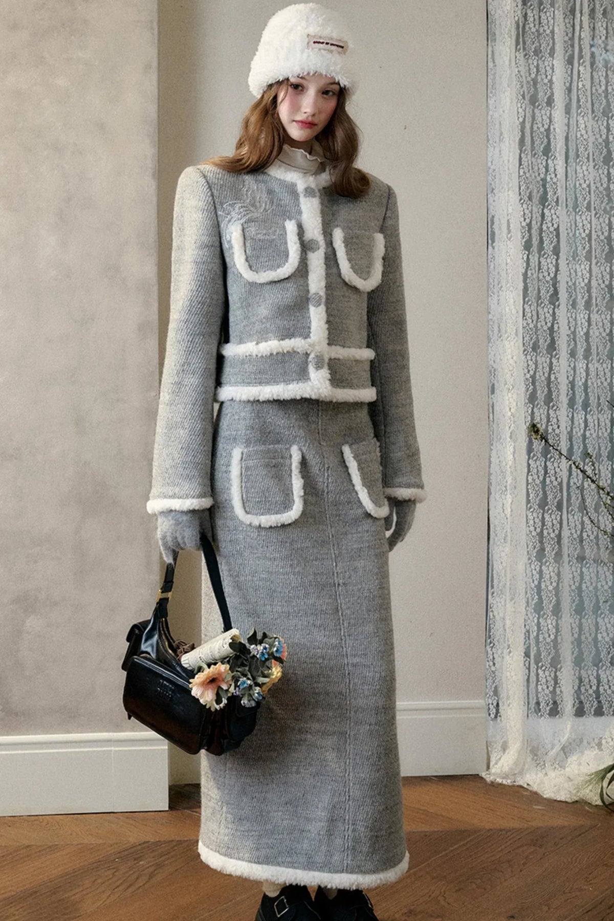 Winter Gate Wool Tweed Long Skirt Set-Up