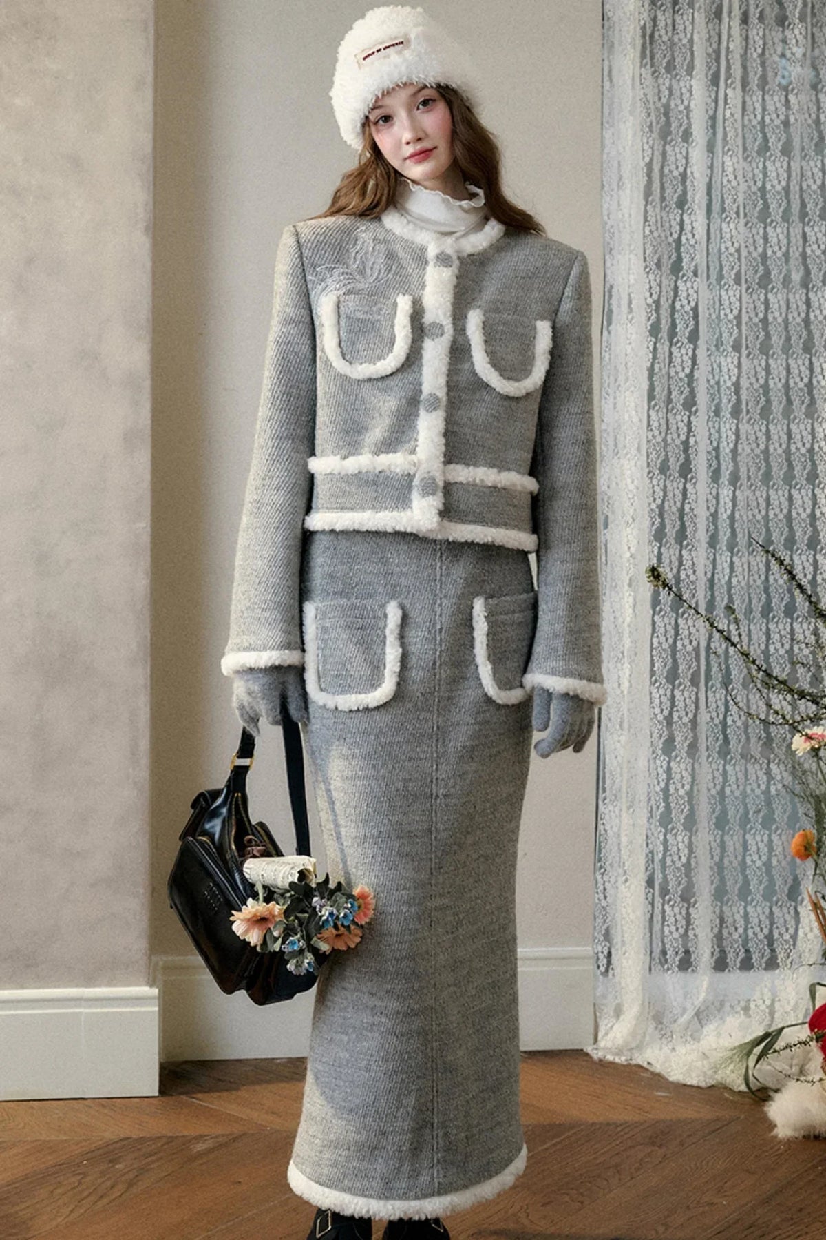 Winter Gate Wool Tweed Long Skirt Set-Up