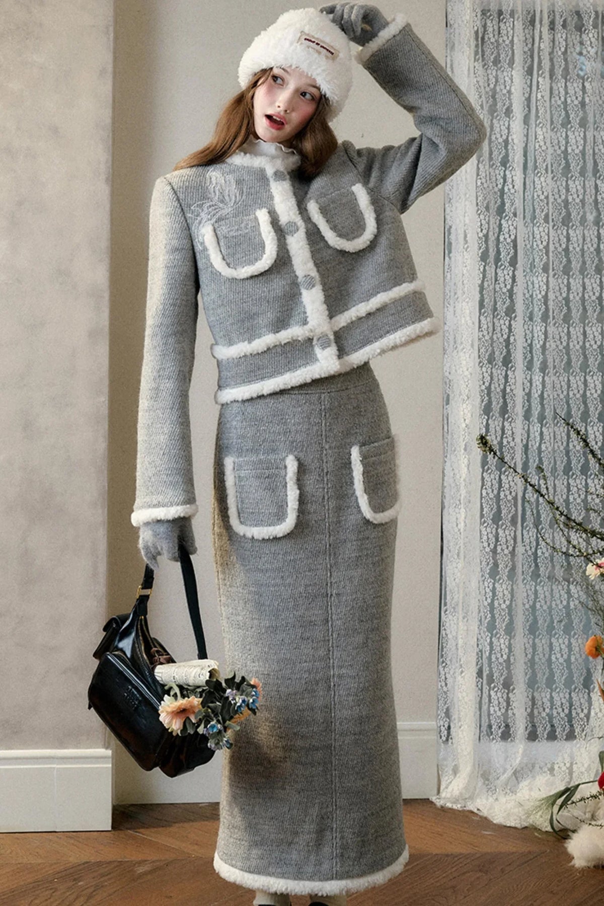 Winter Gate Wool Tweed Long Skirt Set-Up