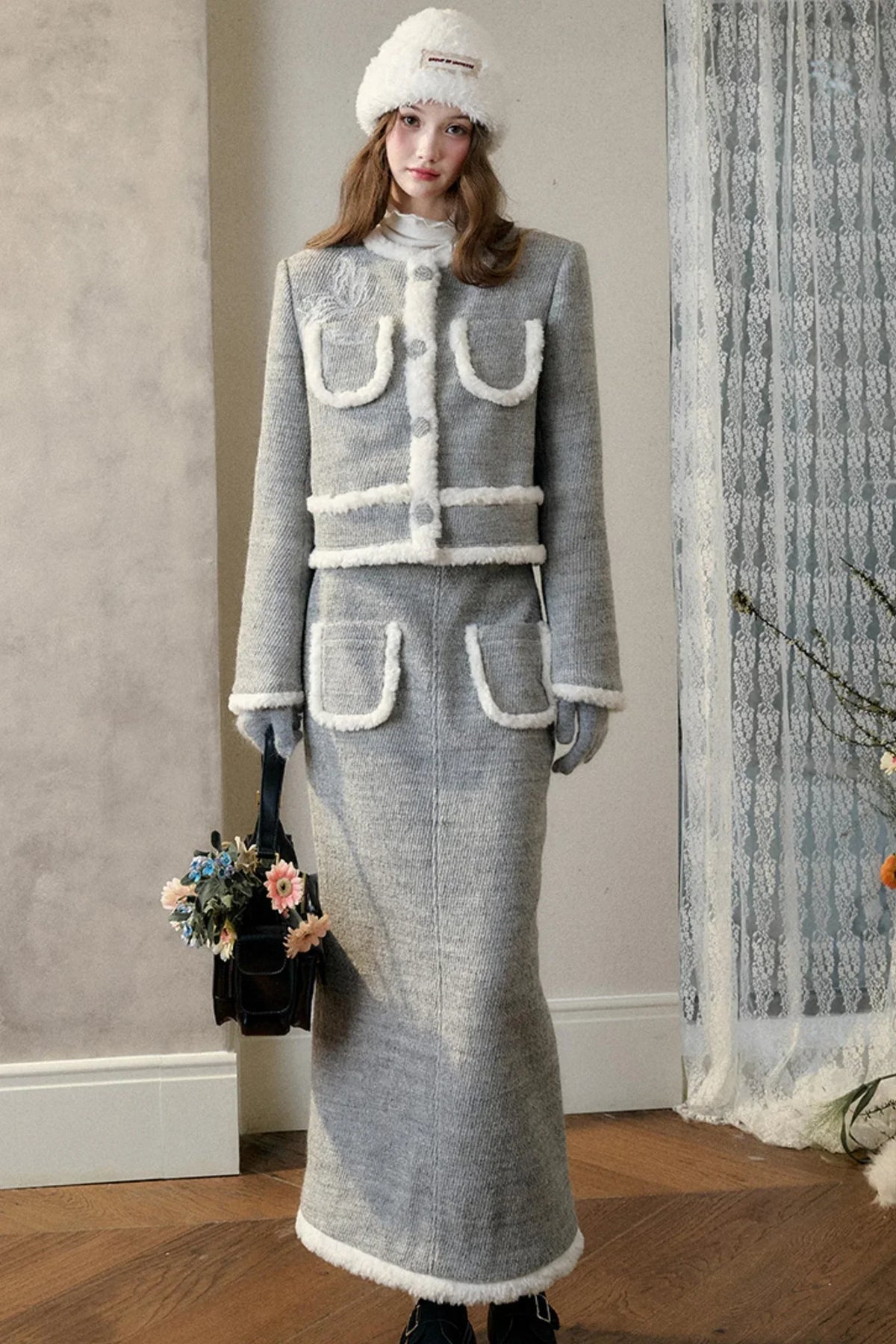 Winter Gate Wool Tweed Long Skirt Set-Up