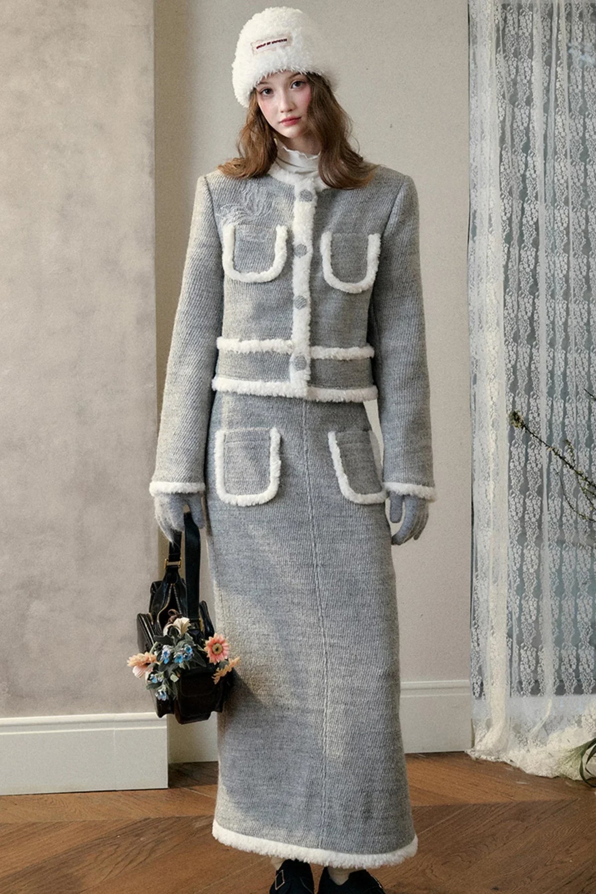 Winter Gate Wool Tweed Long Skirt Set-Up