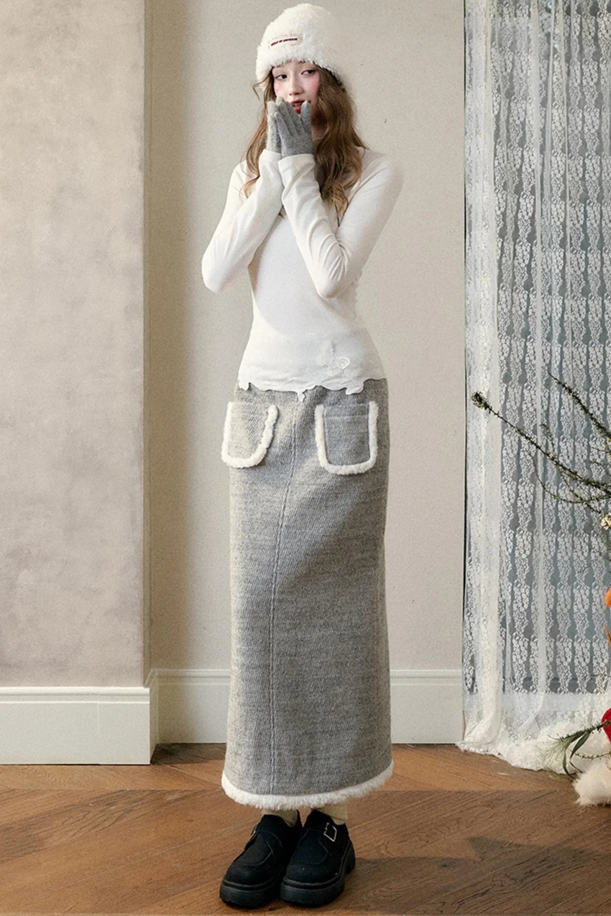 Winter Gate Wool Tweed Long Skirt Set-Up