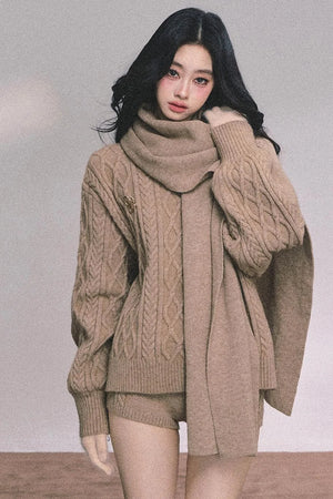 Winter Knitted Scarf Sweater Shorts Set-Up