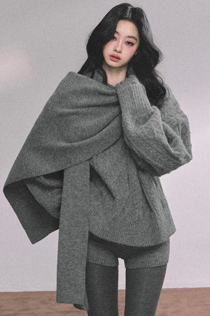 Winter Knitted Scarf Sweater Shorts Set-Up
