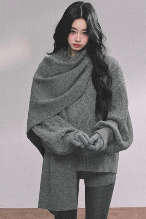 Winter Knitted Scarf Sweater Shorts Set-Up