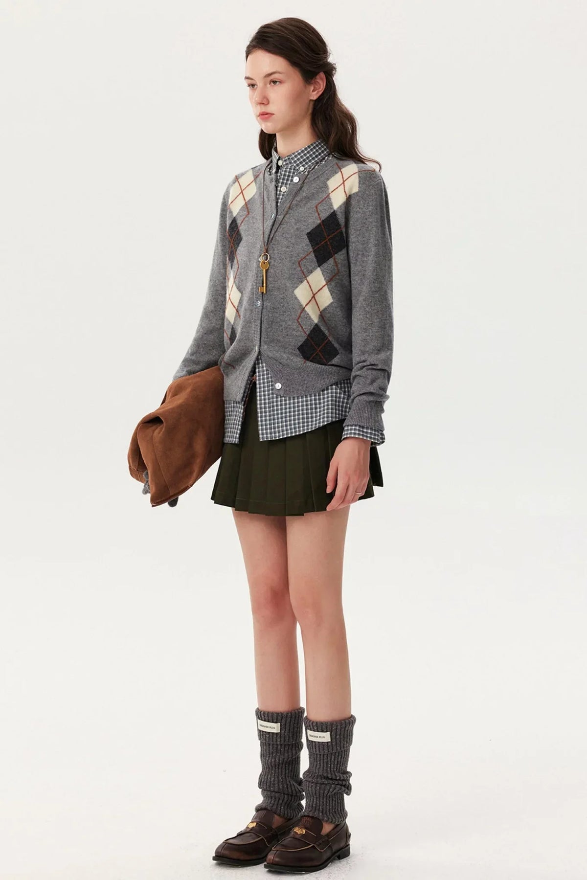Wool Argyle Knit Cardigan Shirt Set-Up