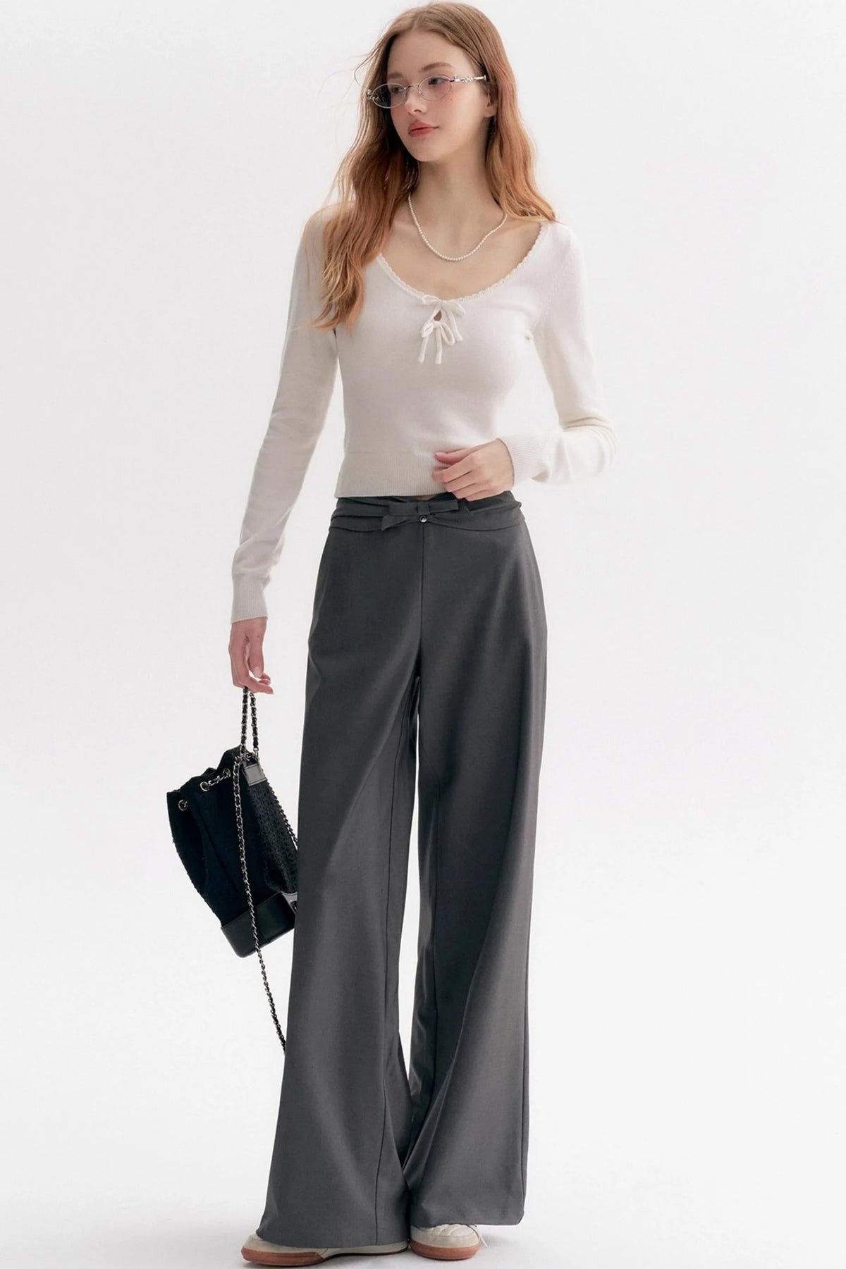 Wool Blend Bow Wide-Leg Pants