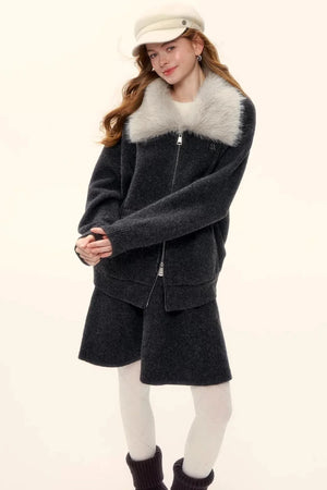 Wool Blend Lapel Fur Collar Coat Set-Up
