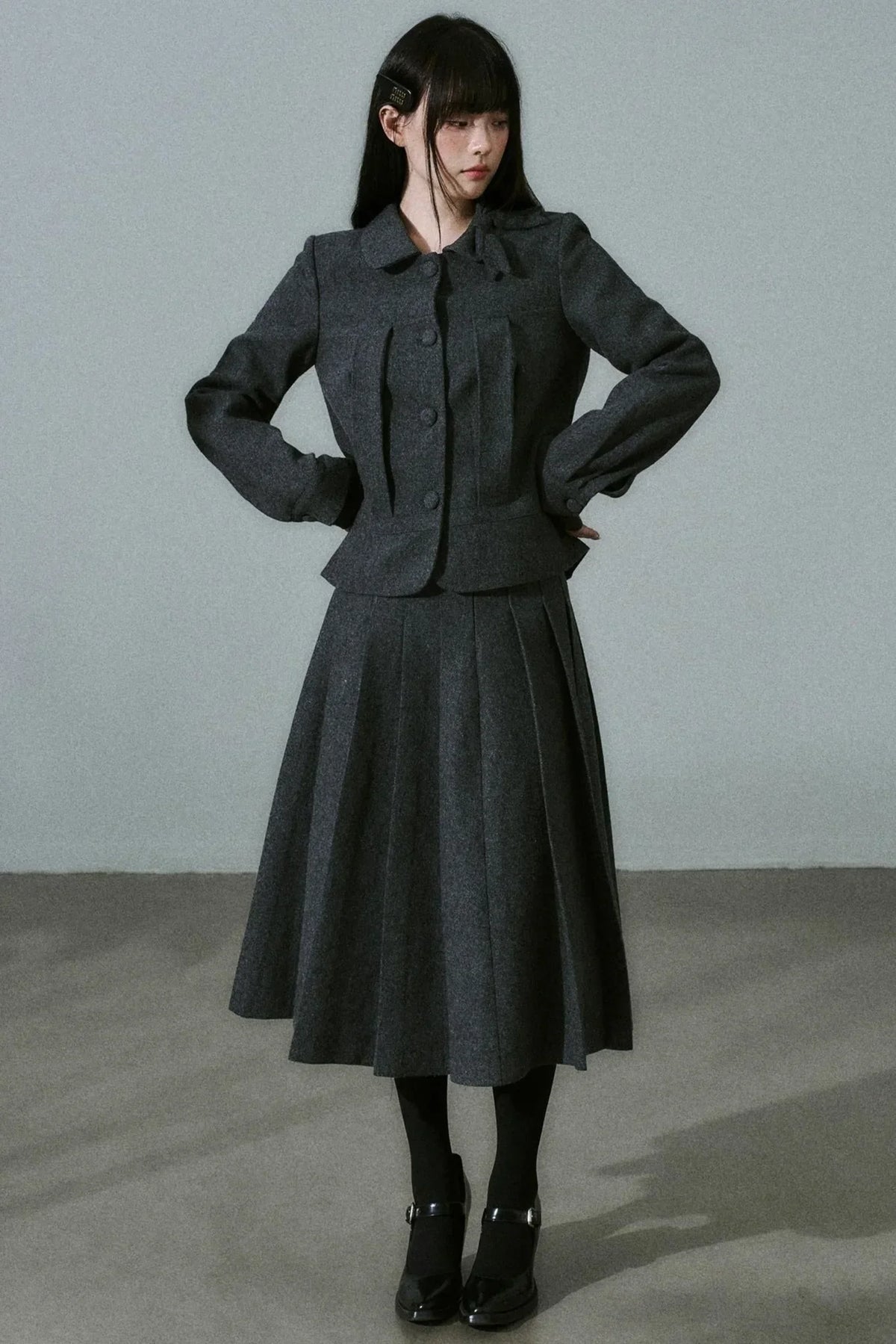 Wool Bow Tie Blazer Suit & Skirt Set-Up