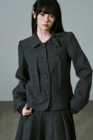 Wool Bow Tie Blazer Suit & Skirt Set-Up