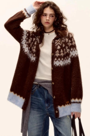 A model wearing a brown Fair Isle wool cardigan.