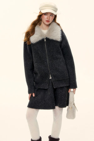 Wool Fur Collar Knit Jacket Set-Up