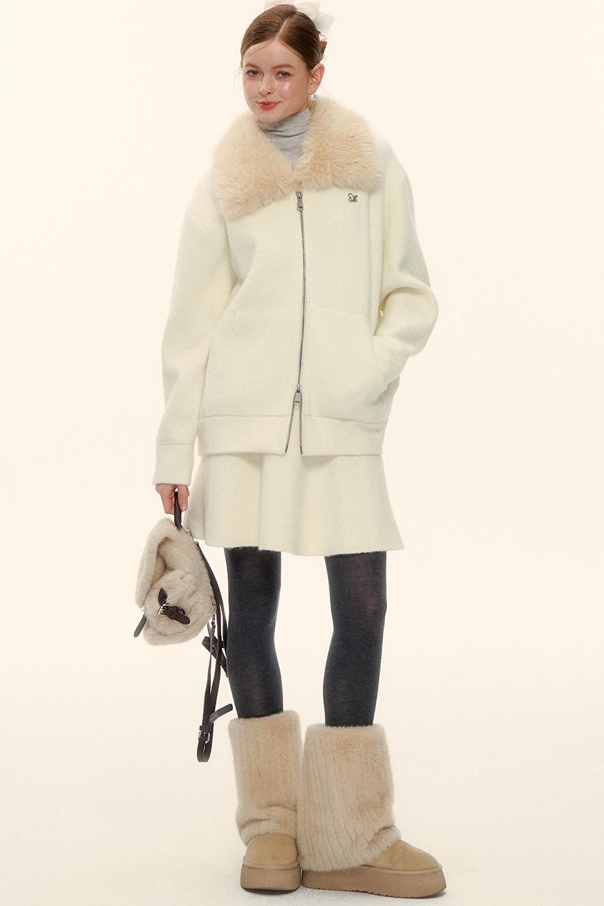 Wool Fur Collar Knit Jacket Set-Up