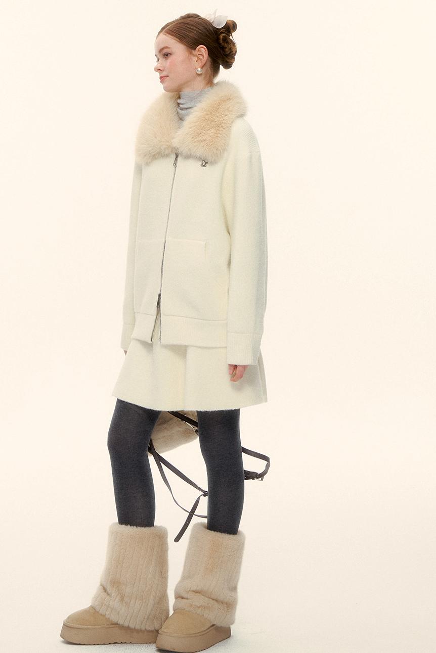 Wool Fur Collar Knit Jacket Set-Up