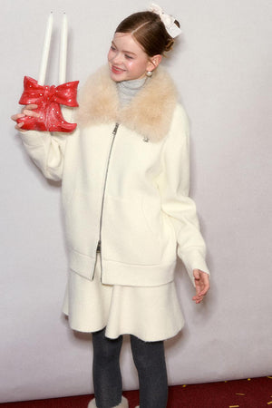 Wool Fur Collar Knit Jacket Set-Up