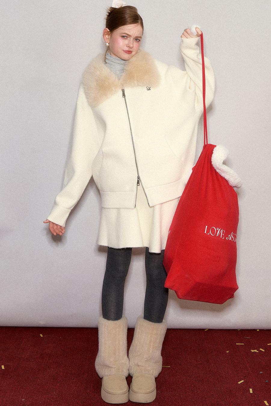 Wool Fur Collar Knit Jacket Set-Up
