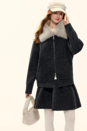 Wool Fur Collar Knit Jacket Set-Up
