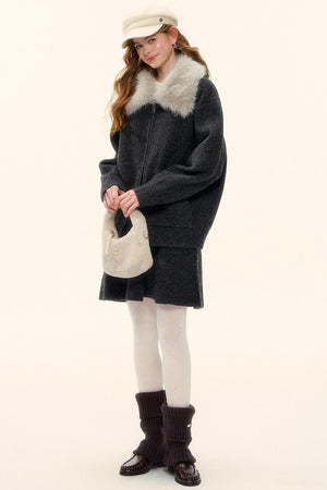 Wool Fur Collar Knit Jacket Set-Up
