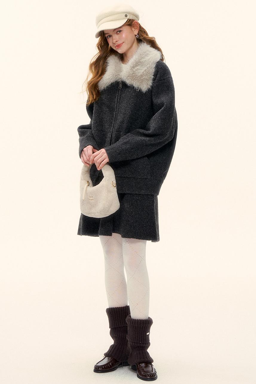 Wool Fur Collar Knit Jacket Set-Up