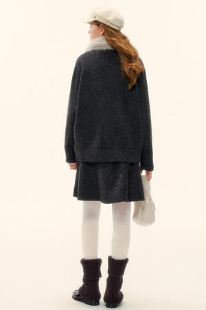 Wool Fur Collar Knit Jacket Set-Up