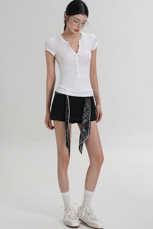 Wool Henley V-Neck Short Sleeve Top