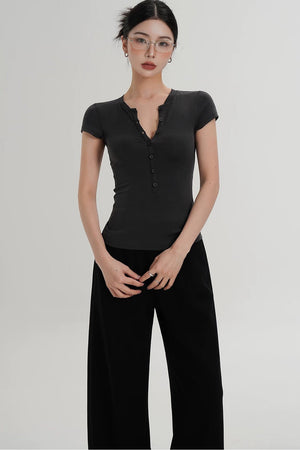 Wool Henley V-Neck Short Sleeve Top