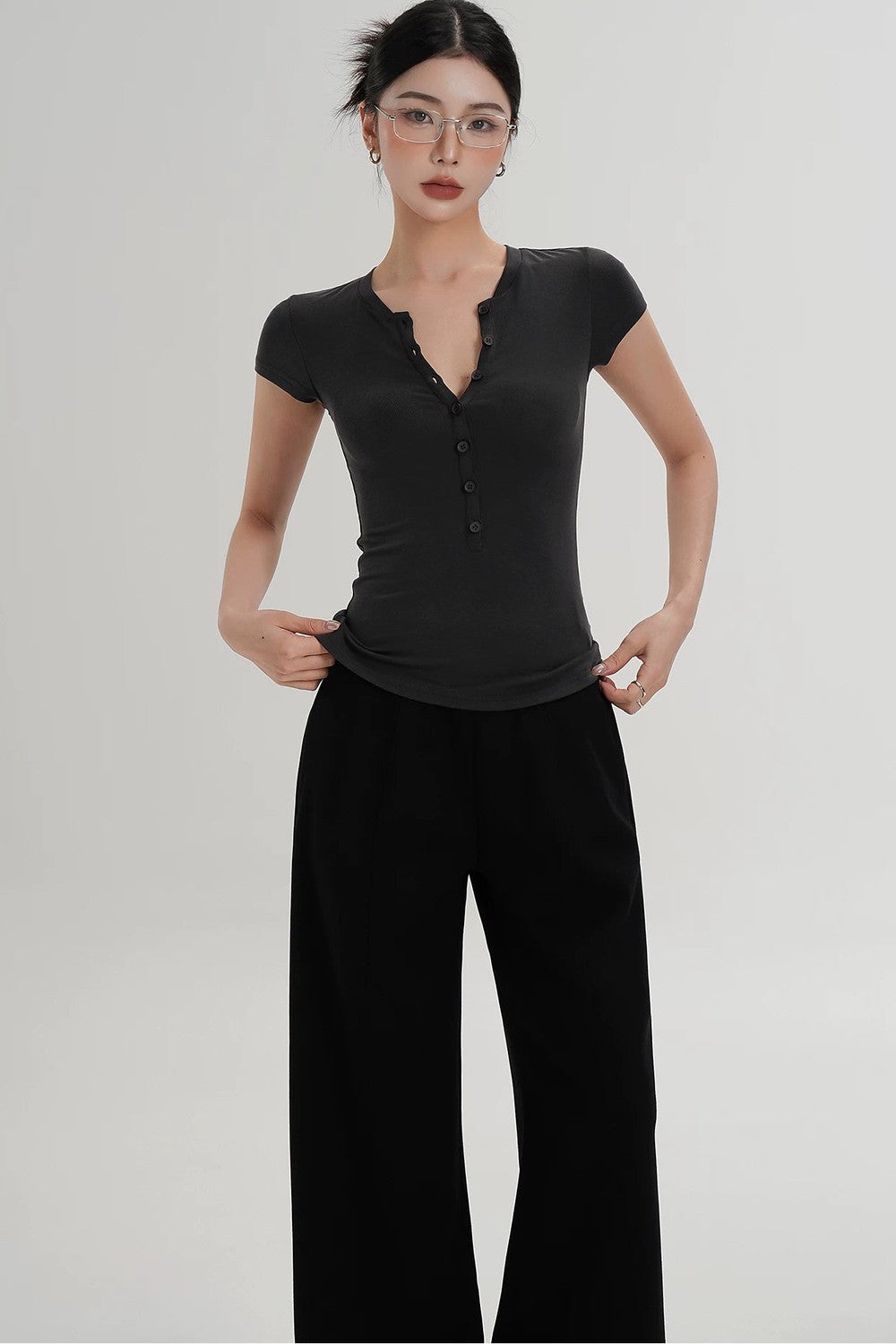 Wool Henley V-Neck Short Sleeve Top