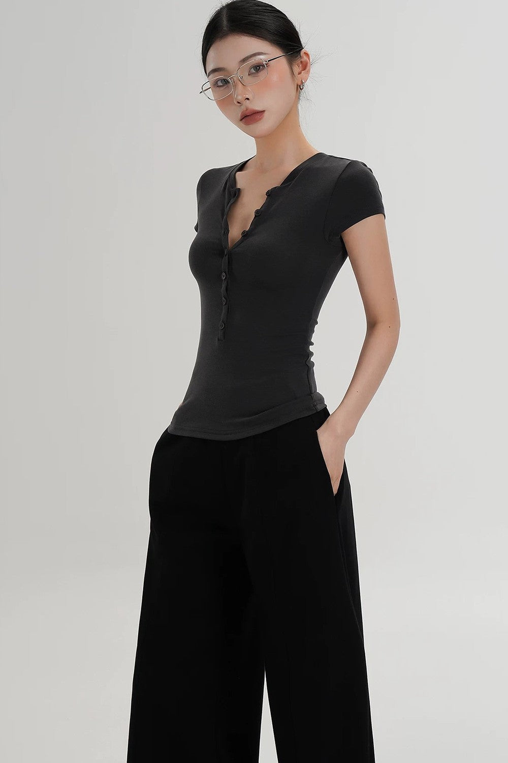 Wool Henley V-Neck Short Sleeve Top