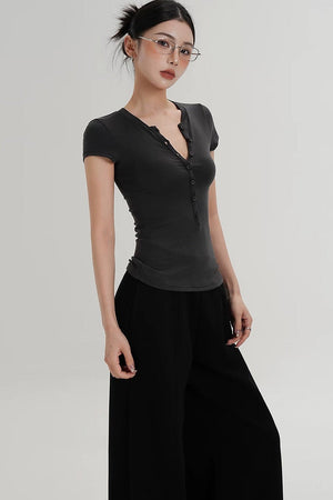 Wool Henley V-Neck Short Sleeve Top