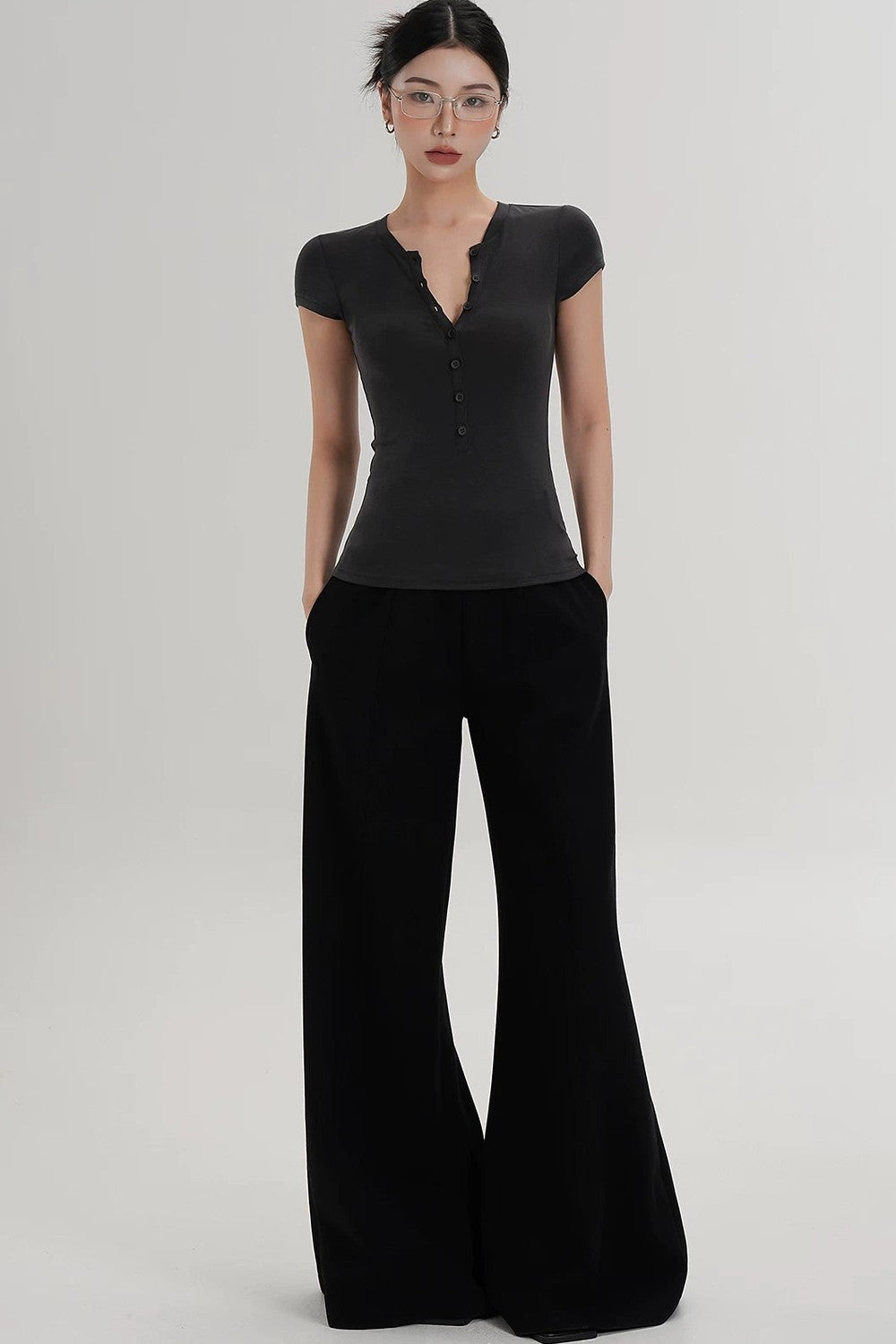 Wool Henley V-Neck Short Sleeve Top