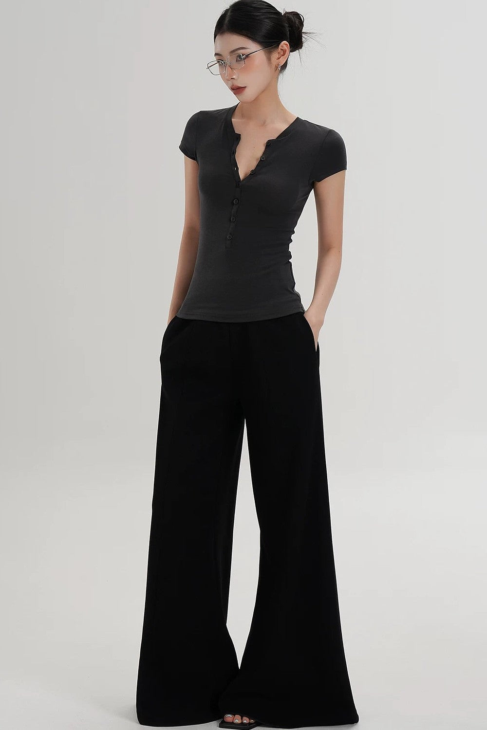 Wool Henley V-Neck Short Sleeve Top