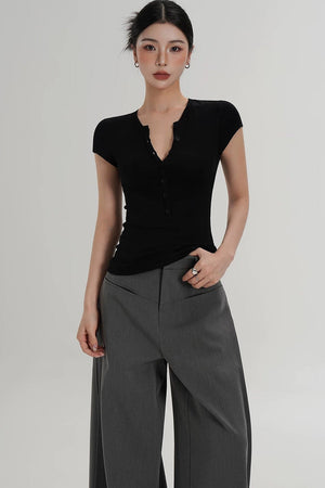 Wool Henley V-Neck Short Sleeve Top