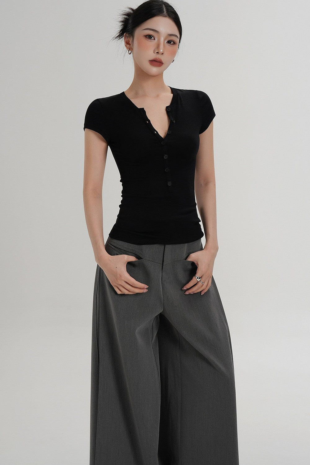 Wool Henley V-Neck Short Sleeve Top