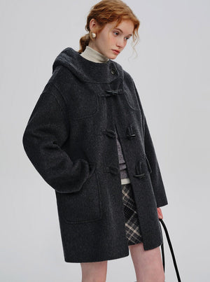 WOOL HOODED HORN-BUTTONED TWEED COAT