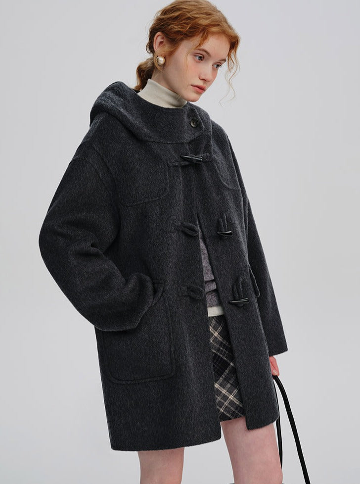 WOOL HOODED HORN-BUTTONED TWEED COAT