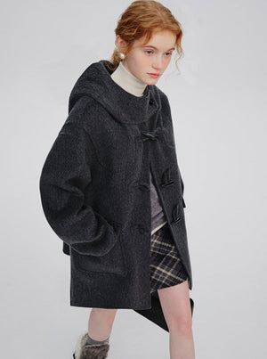 WOOL HOODED HORN-BUTTONED TWEED COAT