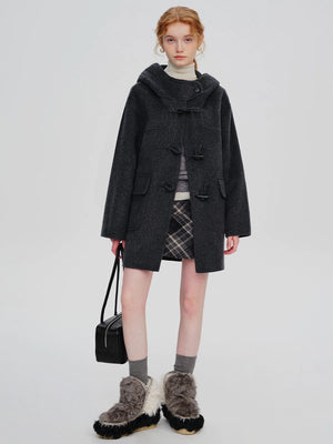 WOOL HOODED HORN-BUTTONED TWEED COAT