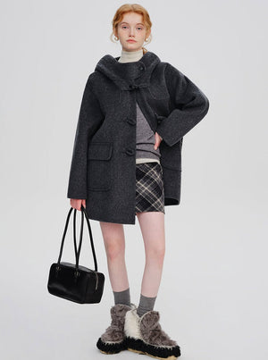 WOOL HOODED HORN-BUTTONED TWEED COAT