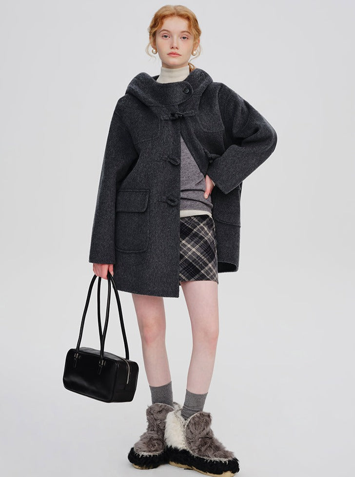 WOOL HOODED HORN-BUTTONED TWEED COAT