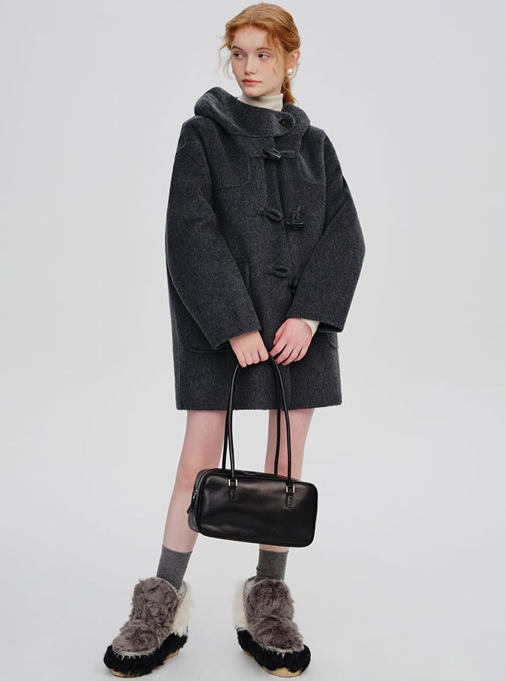WOOL HOODED HORN-BUTTONED TWEED COAT