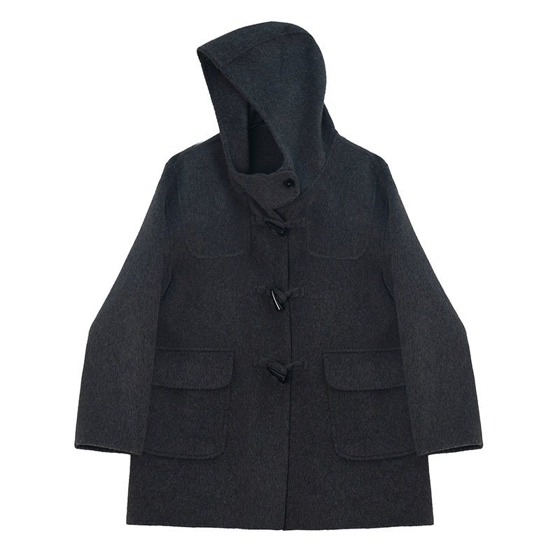WOOL HOODED HORN-BUTTONED TWEED COAT