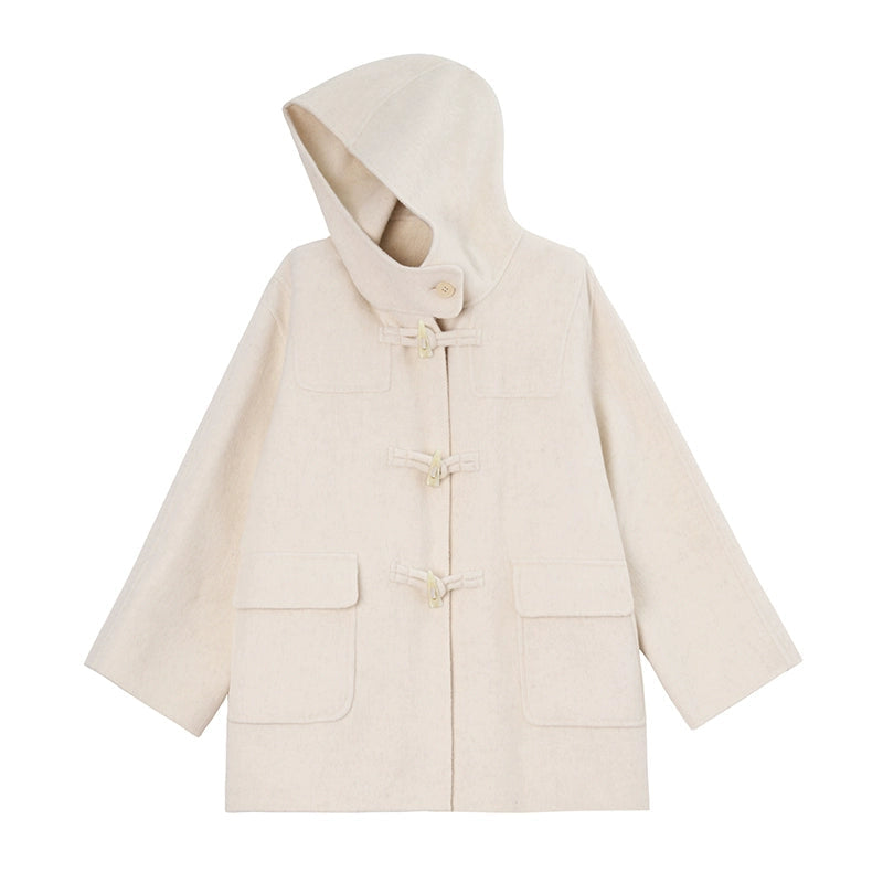 WOOL HOODED HORN-BUTTONED TWEED COAT